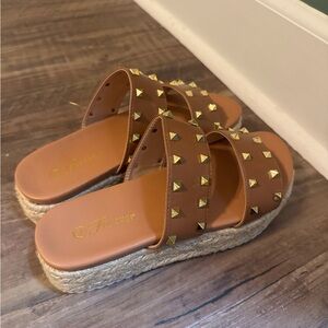Gold Studded Tan Platform Sandals